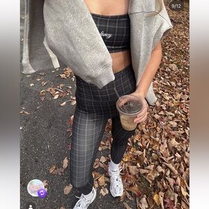 Shop Fancy workout set layered plaid sports bra leggings high rise logo navy